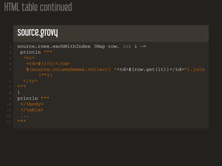HTML table continued
source.grovy
1 source.rows.eachWithIndex {Map row, int i −>
2 println """
3 <tr>
4 <td>${i+1}</td>
5 ${source.columnNames.collect{ "<td>${row.get(it)}</td>"}.join
("")}
6 </tr>
7 """
8 }
9 println """
10 </tbody>
11 </table>
12 ...
13 """
 