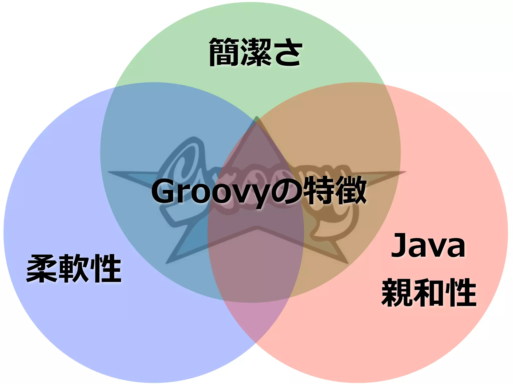 簡潔さ



      Groovyの特徴
                  Java
柔軟性
                  親和性
 