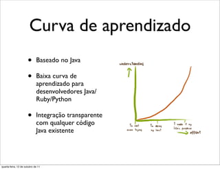 Curva de aprendizado
                      •      Baseado no Java

                      •      Baixa curva de
                             aprendizado para
                             desenvolvedores Java/
                             Ruby/Python

                      •      Integração transparente
                             com qualquer código
                             Java existente




quarta-feira, 12 de outubro de 11
 