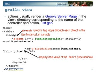 grails view actions usually render a  Groovy Server Page  in the views directory corresponding to the name of the controller and action.  list.gsp <html>  <table> <tbody> < g:each  in="${ itemInstanceList }" status="i" var=" itemInstance "> <td> ${fieldValue (bean: itemInstance , field:' price ')}</td> </tr> </g:each> </tbody> </table> g:each  Groovy Tag loops   through each object in the  itemInstanceList variable displays the value of the  item 's price attribute 