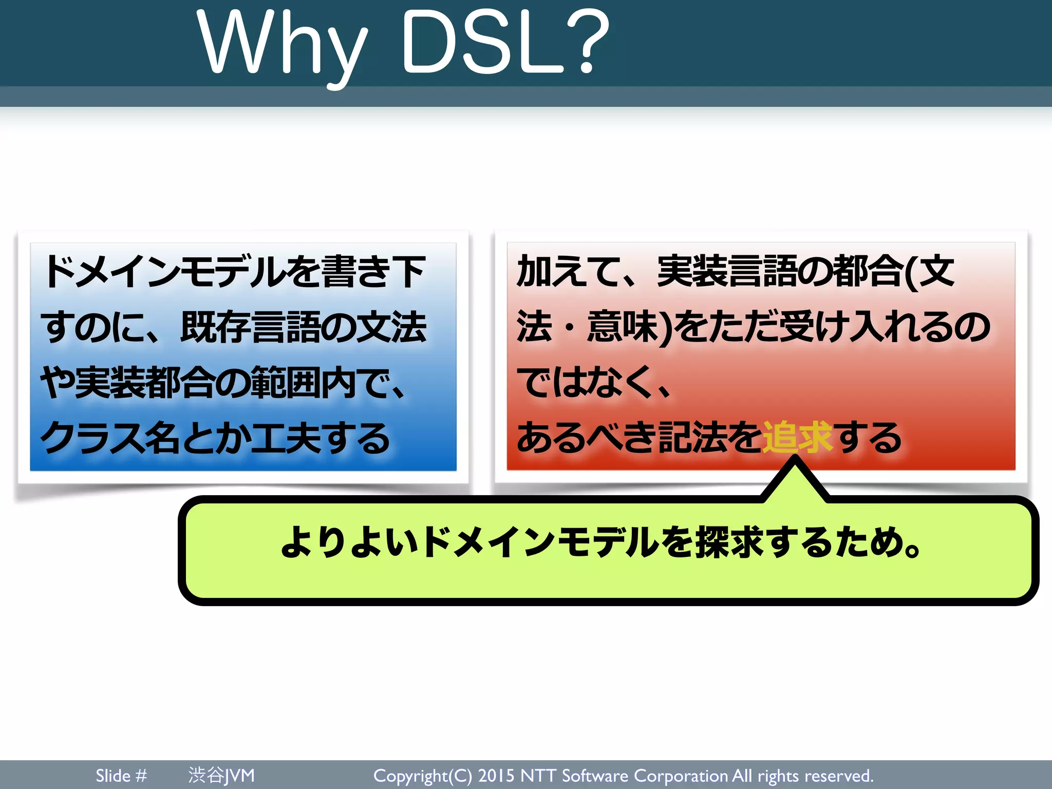 Slide # 渋谷JVM Copyright(C) 2015 NTT Software Corporation All rights reserved.
Why DSL?
27
加えて、実装⾔言語の都合(⽂文
法・意味)をただ受け⼊入れるの
ではなく、 
あるべき記法を追求する
ドメインモデルを書き下
すのに、既存⾔言語の⽂文法
や実装都合の範囲内で、
クラス名とか⼯工夫する
よりよいドメインモデルを探求するため。
 