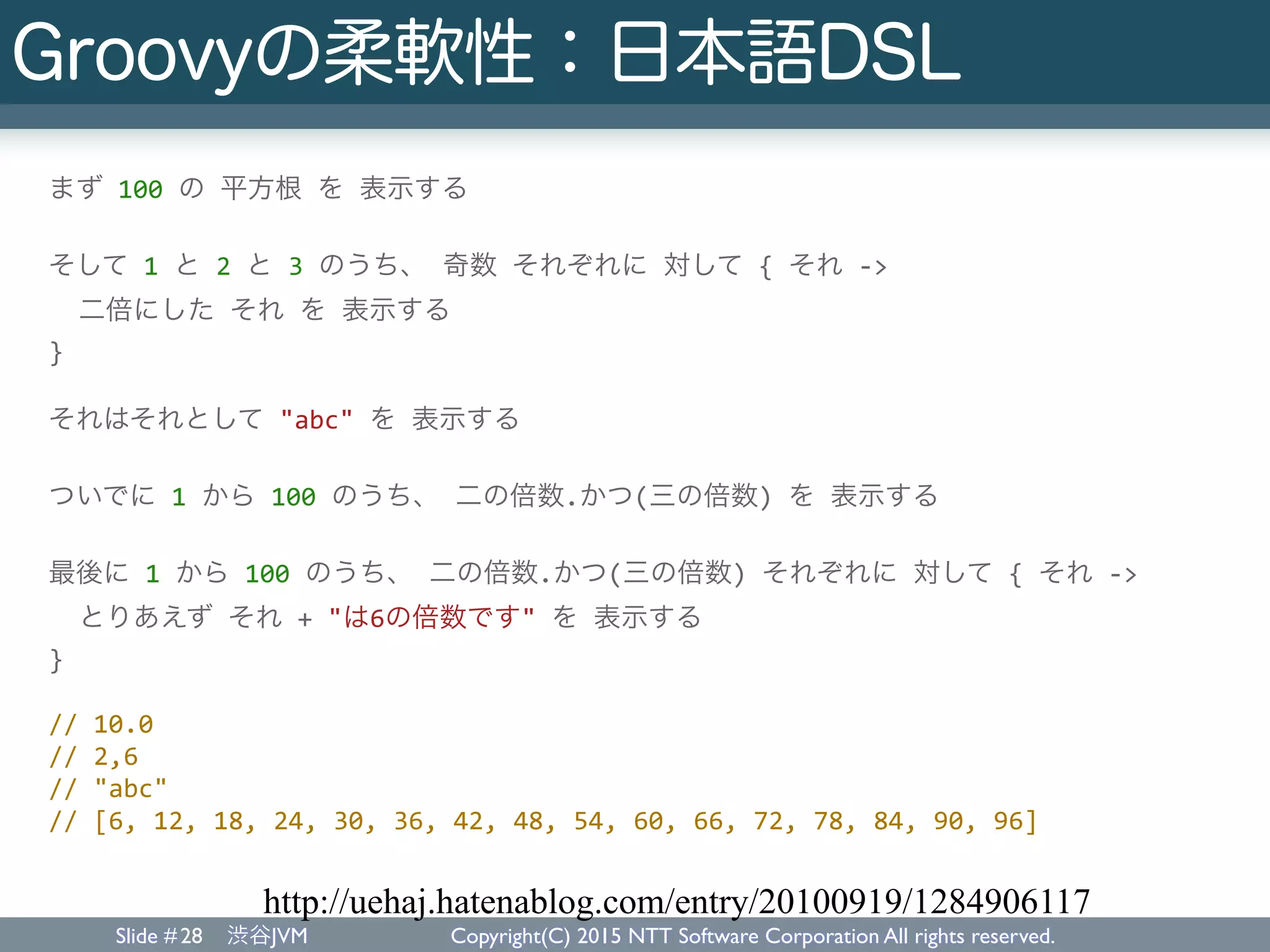 Slide # 渋谷JVM Copyright(C) 2015 NTT Software Corporation All rights reserved.
Groovyの柔軟性：日本語DSL
28
まず	
  100	
  の	
  平方根	
  を	
  表示する	
  
そして	
  1	
  と	
  2	
  と	
  3	
  のうち、	
  奇数	
  それぞれに	
  対して	
  {	
  それ	
  -­‐>	
  
	
  	
  二倍にした	
  それ	
  を	
  表示する	
  
}	
  
それはそれとして	
  "abc"	
  を	
  表示する	
  
ついでに	
  1	
  から	
  100	
  のうち、	
  二の倍数.かつ(三の倍数)	
  を	
  表示する	
  
最後に	
  1	
  から	
  100	
  のうち、	
  二の倍数.かつ(三の倍数)	
  それぞれに	
  対して	
  {	
  それ	
  -­‐>	
  
	
  	
  とりあえず	
  それ	
  +	
  "は6の倍数です"	
  を	
  表示する	
  
}	
  
//	
  10.0	
  
//	
  2,6	
  
//	
  "abc"	
  
//	
  [6,	
  12,	
  18,	
  24,	
  30,	
  36,	
  42,	
  48,	
  54,	
  60,	
  66,	
  72,	
  78,	
  84,	
  90,	
  96]
http://uehaj.hatenablog.com/entry/20100919/1284906117
 
