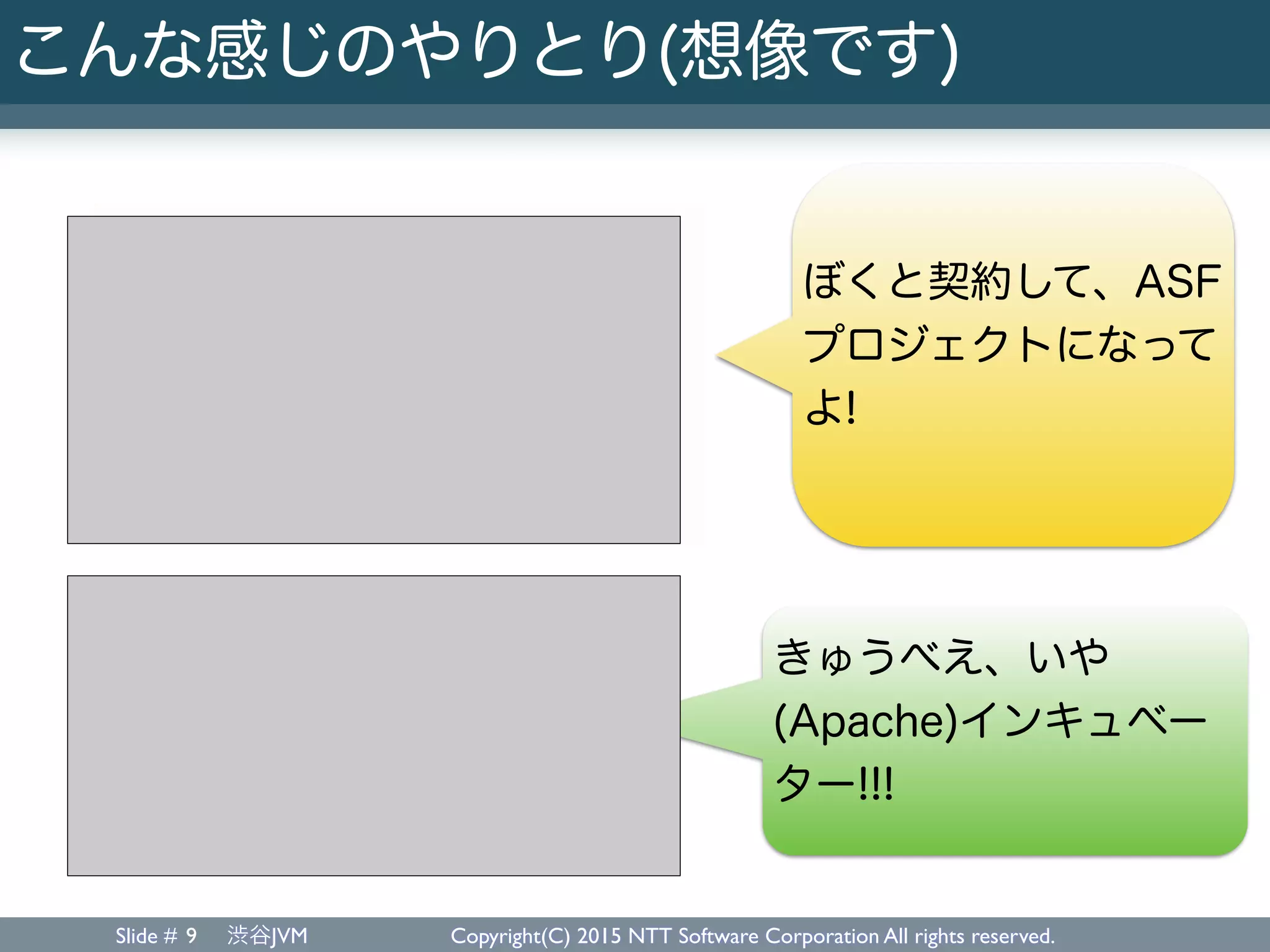 Slide # 渋谷JVM Copyright(C) 2015 NTT Software Corporation All rights reserved.
こんな感じのやりとり(想像です)
9
ぼくと契約して、ASF
プロジェクトになって
よ!
きゅうべえ、いや
(Apache)インキュベー
ター!!!
 