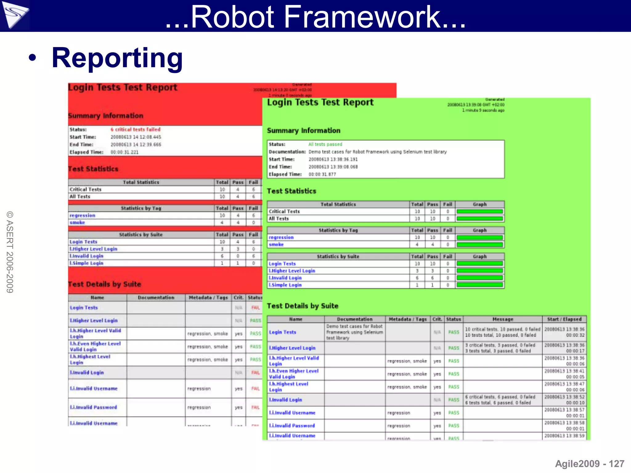 ...Robot Framework...
                    • Reporting
© ASERT 2006-2009




                                                     Agile2009 - 127
 