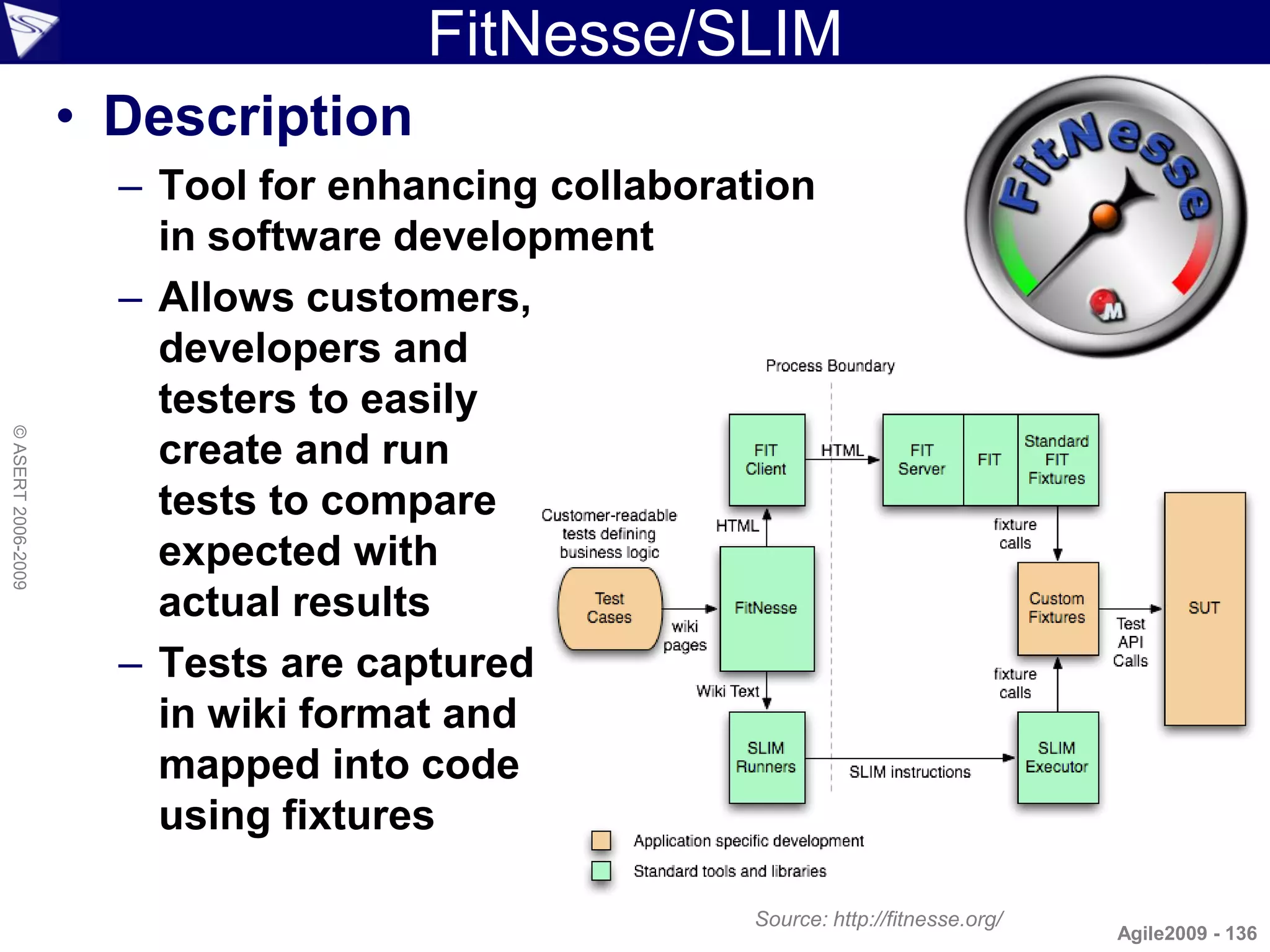 FitNesse/SLIM
                    • Description
                      – Tool for enhancing collaboration
                        in software development
                      – Allows customers,
                        developers and
                        testers to easily
© ASERT 2006-2009




                        create and run
                        tests to compare
                        expected with
                        actual results
                      – Tests are captured
                        in wiki format and
                        mapped into code
                        using fixtures

                                                     Source: http://fitnesse.org/
                                                                                    Agile2009 - 136
 