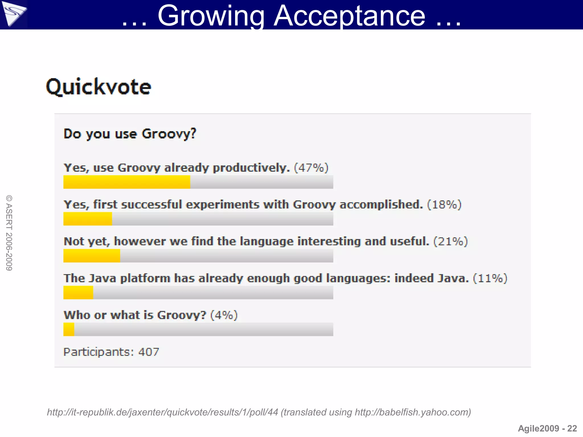 … Growing Acceptance …
© ASERT 2006-2009




                    http://it-republik.de/jaxenter/quickvote/results/1/poll/44 (translated using http://babelfish.yahoo.com)
                                                                                                                               Agile2009 - 22
 