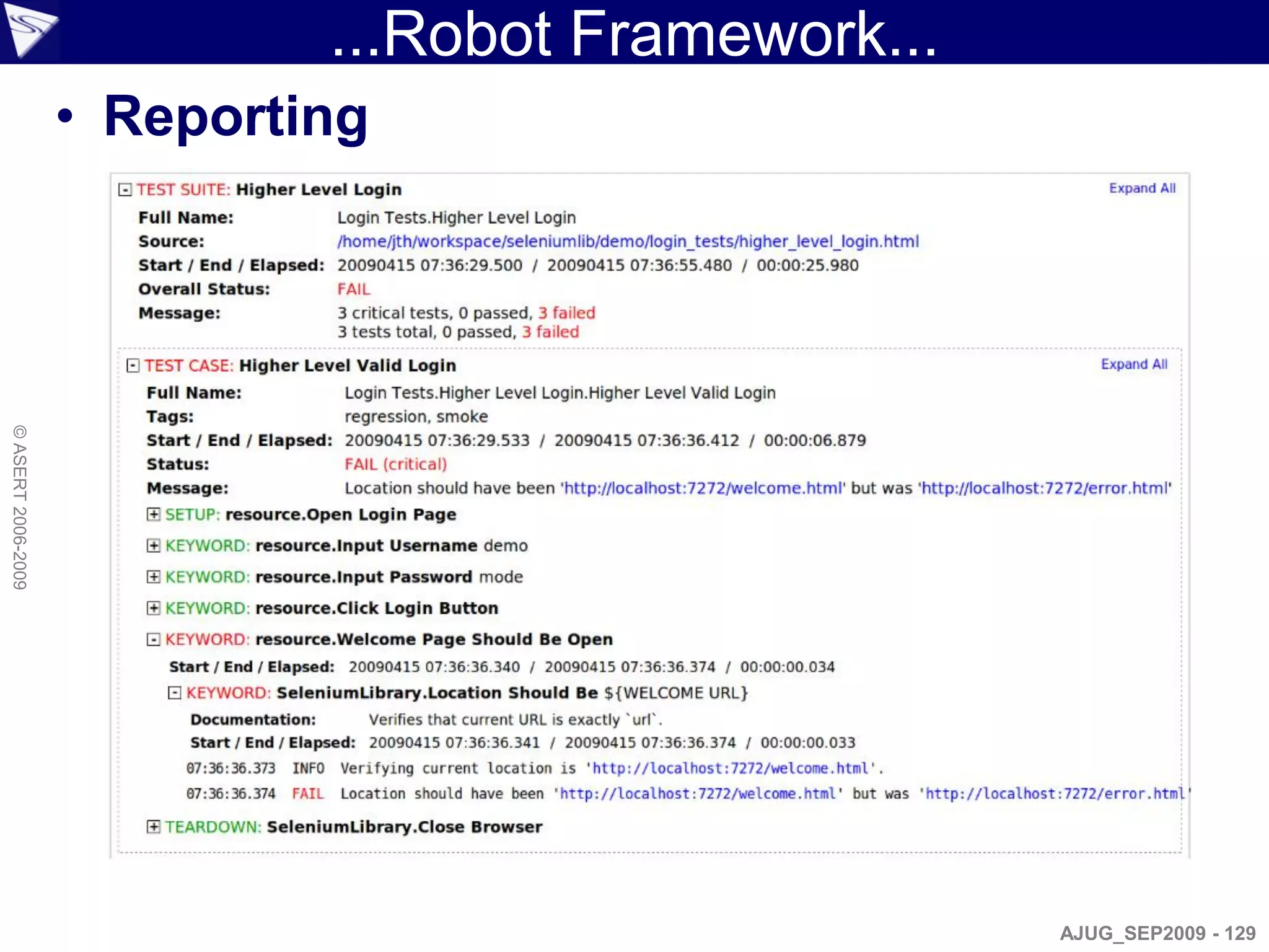 ...Robot Framework...
                    • Reporting
© ASERT 2006-2009




                                                     AJUG_SEP2009 - 129
 