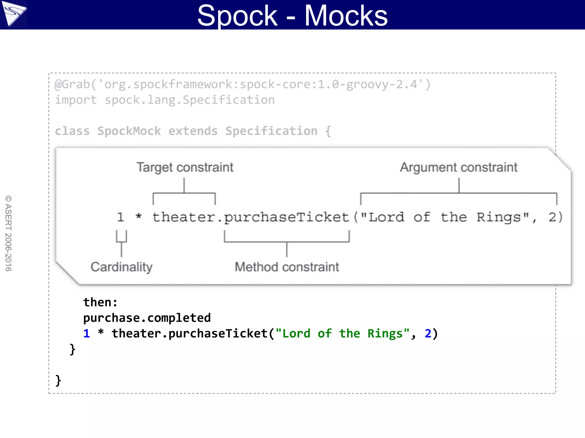 Spock - Mocks
©ASERT2006-2016
@Grab('org.spockframework:spock-core:1.0-groovy-2.4')
import spock.lang.Specification
class SpockMock extends Specification {
def "buy ticket for a movie theater"() {
given:
def purchase = new Purchase("Lord of the Rings", 2)
MovieTheater theater = Mock()
theater.hasSeatsAvailable("Lord of the Rings", 2) >> true
when:
purchase.fill(theater)
then:
purchase.completed
1 * theater.purchaseTicket("Lord of the Rings", 2)
}
}
 