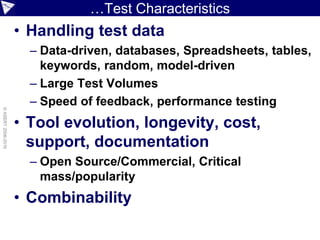 …Test Characteristics
• Handling test data
– Data-driven, databases, Spreadsheets, tables,
keywords, random, model-driven
– Large Test Volumes
– Speed of feedback, performance testing
• Tool evolution, longevity, cost,
support, documentation
– Open Source/Commercial, Critical
mass/popularity
• Combinability
©ASERT2006-2016
 