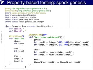 Property-based testing: spock genesis
©ASERT2006-2016
@Grab('com.nagternal:spock-genesis:0.6.0')
@GrabExclude('org.codehau...
