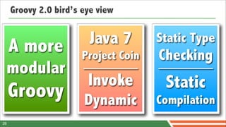 Groovy 2.0 bird’s eye view


     A more             Java 7        Static Type
                       Project Coin   Checking
 modular
                        Invoke         Static
     Groovy            Dynamic        Compilation
28
 
