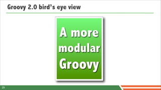 Groovy 2.0 bird’s eye view


                       A more
                       modular
                       Groovy
29
 