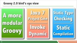 Groovy 2.0 bird’s eye view


     A more             Java 7        Static Type
                       Project Coin   Checking
 modular
                        Invoke         Static
     Groovy            Dynamic        Compilation
42
 
