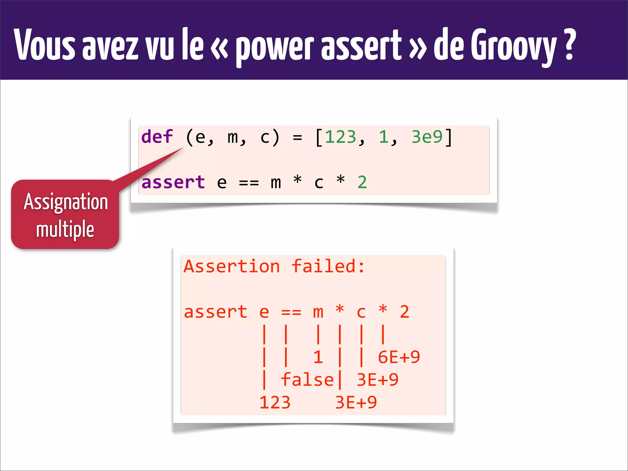 Vousavezvule«powerassert»deGroovy?
def	
  (e,	
  m,	
  c)	
  =	
  [123,	
  1,	
  3e9]
assert	
  e	
  ==	
  m	
  *	
  c	
  *	
  2
Assertion	
  failed:	
  
assert	
  e	
  ==	
  m	
  *	
  c	
  *	
  2
	
  	
  	
  	
  	
  	
  	
  |	
  |	
  	
  |	
  |	
  |	
  |
	
  	
  	
  	
  	
  	
  	
  |	
  |	
  	
  1	
  |	
  |	
  6E+9
	
  	
  	
  	
  	
  	
  	
  |	
  false|	
  3E+9
	
  	
  	
  	
  	
  	
  	
  123	
  	
  	
  	
  3E+9
Assignation
multiple
 