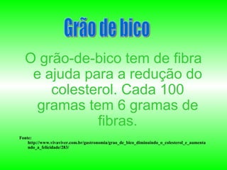 O grão-de-bico tem de fibra
   e ajuda para a redução do
      colesterol. Cada 100
    gramas tem 6 gramas de
             fibras.
Fonte:
    http://www.vivaviver.com.br/gastronomia/grao_de_bico_diminuindo_o_colesterol_e_aumenta
    ndo_a_felicidade/283/
 