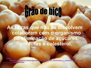 As fibras que não se dissolvem
 colaboram com o organismo
  na eliminação de açúcares,
     gorduras e colesterol.

Fonte:
    http://www.vivaviver.com.br/gastronomia/grao_de_bico_diminuindo_o_colesterol_e_aumentand
    o_a_felicidade/283/
 