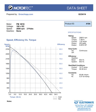 Prepared by: Groschopp.com 02/24/14 
Motor: 
Voltage: 
Speed: 
Gearbox: 
PM 8018 
180 v DC 
2600 rpm 2 Poles 
None 
Product ID: 4104 
SPECIFICATIONS 
Rating: 
Speed: 
Torque: 
Current: 
Output: 
Output: 
2566.0 rpm 
7.3lb-in 
1.42 amps 
222 watts 
0.2972 HP 
Duty Cycle: 
On: 
Off: 
Continuous 
Efficiency: 
Gearbox: 
Motor: 
System: 
85.8 % 
85.8 % 
Start/Stall Conditions: 
Current: 
Torque: 
10.77 amps 
59.38 lb-in 
Constants: 
Ke: 65.86 v/krpm 
Kt: 5.57 lb-in/amp 
Torque (lb-in) 
Speed 
RPM 
Efficiency 
300 
0 
0.0 
6.0 
600 
12.0 
900 
18.0 
1200 
24.0 
1500 
30.0 
1800 
36.0 
2100 
42.0 
2400 
48.0 
2700 
54.0 
90.0 
80.0 
70.0 
60.0 
50.0 
40.0 
30.0 
20.0 
10.0 
Speed, Efficiency Vs. Torque 
Cold 
Hot 
Notes: 
Sold & Serviced By: 
ELECTROMATE 
Toll Free Phone (877) SERVO98 
Toll Free Fax (877) SERV099 
www.electromate.com 
sales@electromate.com 
