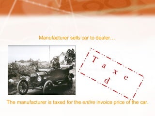 Manufacturer sells car to dealer… Taxed The manufacturer is taxed for the  entire  invoice price of the car. 