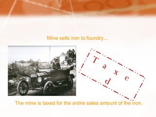 Mine sells iron to foundry... Taxed The mine is taxed for the  entire  sales amount of the iron.  