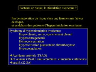 Facteurs de risque: la stimulation ovarienne ? Pas de majoration du risque chez une femme sans facteur de risque, et en dehors du syndrome d’hyperstimulation ovarienne. Syndrome d’hyperstimulation ovarienne: Hypovolémie, ascite, épanchement pleural Hyperoestrogénémie Hémoconcentration Hyperactivation plaquettaire, thrombocytose Hypercoagulation Accidents artériels (TSAO)  et veineux (TSAO, sinus cérébraux, et membres inférieurs) tardifs (22 SA) 
