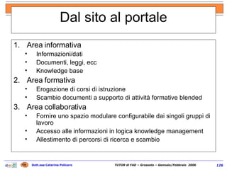 Dal sito al portale Area informativa Informazioni/dati Documenti, leggi, ecc Knowledge base Area formativa Erogazione di corsi di istruzione Scambio documenti a supporto di attività formative blended Area collaborativa Fornire uno spazio modulare configurabile dai singoli gruppi di lavoro Accesso alle informazioni in logica knowledge management Allestimento di percorsi di ricerca e scambio 
