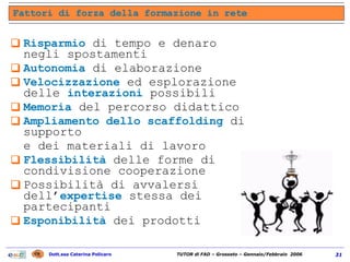 Risparmio  di tempo e denaro negli spostamenti Autonomia  di elaborazione Velocizzazione  ed esplorazione delle  interazioni  possibili Memoria  del percorso didattico Ampliamento dello scaffolding  di supporto  e dei materiali di lavoro Flessibilità  delle forme di condivisione cooperazione Possibilità di avvalersi dell’ expertise  stessa dei partecipanti Esponibilità  dei prodotti Fattori di forza della formazione in rete                      