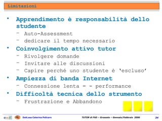 Apprendimento è responsabilità dello studente Auto-Assessment dedicare il tempo necessario Coinvolgimento attivo tutor Rivolgere domande Invitare alle discussioni Capire perché uno studente è ‘escluso’ Ampiezza di banda Internet Connessione lenta = - performance Difficoltà tecnica dello strumento Frustrazione e Abbandono Limitazioni ... 