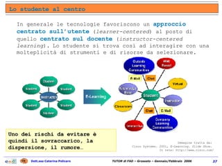 Immagine tratta da:  Cisco Systems. 2001,  E-Learning. Slide Show .  In rete: http://www.cisco.com/ Uno dei rischi da evitare è quindi il sovraccarico, la dispersione, il rumore… In generale le tecnologie favoriscono un  approccio centrato sull’utente  ( learner-centered ) al posto di quello  centrato sul docente  ( instructor-centered learning ). Lo studente si trova così ad interagire con una molteplicità di strumenti e di risorse da selezionare. Lo studente al centro 