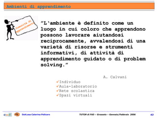 ” L‘ambiente è definito come un luogo in cui coloro che apprendono possono lavorare aiutandosi reciprocamente, avvalendosi di una varietà di risorse e strumenti informativi, di attività di apprendimento guidato o di problem solving.”  A. Calvani Individuo Aula-laboratorio Rete scolastica Spazi virtuali Ambienti di apprendimento Comunità di apprendimento 