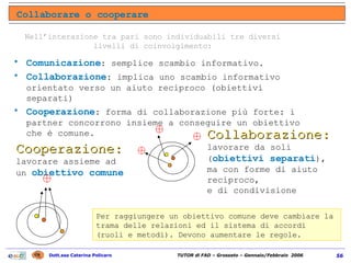 Per raggiungere un obiettivo comune deve cambiare la trama delle relazioni ed il sistema di accordi (ruoli e metodi). Devono aumentare le regole. Cooperazione: lavorare assieme ad un  obiettivo comune Collaborazione: lavorare da soli ( obiettivi separati ), ma con forme di aiuto reciproco, e di condivisione Comunicazione : semplice scambio informativo. Collaborazione : implica uno scambio informativo orientato verso un aiuto reciproco (obiettivi separati) Cooperazione : forma di collaborazione più forte: i partner concorrono insieme a conseguire un obiettivo che è comune. Nell’interazione tra pari sono individuabili tre diversi livelli di coinvolgimento: Collaborare o cooperare 