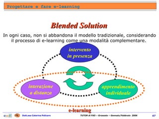 In ogni caso, non si abbandona il modello tradizionale, considerando il processo di e-learning come una modalità complementare.  Progettare e fare e-learning apprendimento individuale interazione a distanza intervento in presenza Blended Solution e-learning 