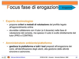 Esperto docimologico propone  criteri e metodi di valutazione  del profitto legato all’apprendimento online dovrebbe collaborare con il tutor (e il docente) nella fase di valutazione del corsista, ma spesso il ruolo è svolto direttamente dal tutor (PRO e CONTRO) Amministratore ambiente/piattaforma gestisce la piattaforma e tutti i tool  preposti all’erogazione dei corsi, all’identificazione degli utenti, alla gestione delle attività sincrone e asincrone. F ocus fase di erogazione (2/2) Erogazione 