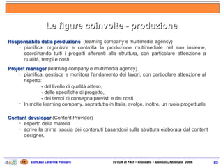 Le figure coinvolte - produzione Responsabile della produzione  (learning company e multimedia agency) pianifica, organizza e controlla la produzione multimediale nel suo insieme, coordinando tutti i progetti afferenti alla struttura, con particolare attenzione a qualità, tempi e costi Project manager  (learning company e multimedia agency) pianifica, gestisce e monitora l’andamento dei lavori, con particolare attenzione al rispetto:  - del livello di qualità atteso,  - delle specifiche di progetto,  - dei tempi di consegna previsti e dei costi.  In molte learning company, soprattutto in Italia, svolge, inoltre, un ruolo progettuale Content developer  (Content Provider) esperto della materia scrive la prima traccia dei contenuti basandosi sulla struttura elaborata dal content designer. 