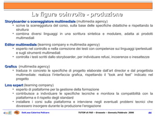 Le figure coinvolte - produzione Storyboarder o sceneggiatore multimediale  (multimedia agency) scrive la sceneggiatura del corso, sulla base delle specifiche didattiche e rispettando la struttura combina diversi linguaggi in una scrittura sintetica e modulare, adatta ai prodotti multimediali Editor multimediale  (learning company e multimedia agency) esperto nel controllo e nella correzione dei testi con competenze sui linguaggi ipertestuali e sugli strumenti multimediali controlla i testi scritti dallo storyboarder, per individuare refusi, incoerenze o inesattezze Grafico  (multimedia agency) traduce in concreto le specifiche di progetto elaborate dall’art director e dal progettista multimediale: realizza l’interfaccia grafica, rispettando il “look and feel’’ indicato nel progetto Lms expert  (learning company)   esperto di piattaforme per la gestione della formazione contribuisce a individuare le specifiche tecniche e monitora la compatibilità con la piattaforma e il rispetto degli standard installare i corsi sulla piattaforma e interviene negli eventuali problemi tecnici che dovessero insorgere durante la produzione l’erogazione 