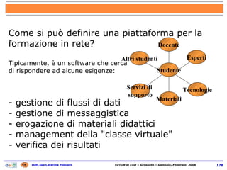 Come si può definire una piattaforma per la formazione in rete? Tipicamente, è un software che cerca  di rispondere ad alcune esigenze:  - gestione di flussi di dati  - gestione di messaggistica  - erogazione di materiali didattici  - management della "classe virtuale"  - verifica dei risultati Studente Servizi di  supporto Materiali Tecnologie Altri studenti Esperti Docente 