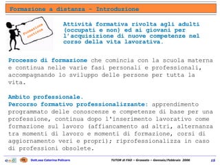 Formazione a distanza - Introduzione Attività formativa rivolta agli adulti (occupati e non) ed ai giovani per l’acquisizione di nuove competenze nel corso della vita lavorativa. Processo di formazione  che comincia con la scuola materna e continua nelle varie fasi personali e professionali, accompagnando lo sviluppo delle persone per tutta la vita.  Ambito professionale.   Percorso formativo professionalizzante:  apprendimento programmato delle conoscenze e competenze di base per una professione, continua dopo l'inserimento lavorativo come formazione sul lavoro (affiancamento ad altri, alternanza tra momenti di lavoro e momenti di formazione, corsi di aggiornamento veri e propri); riprofessionalizza in caso di professioni obsolete.  Formazione continua 