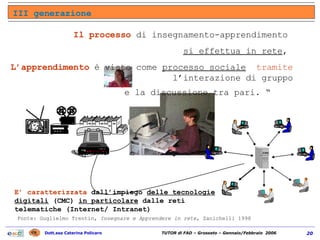 Il processo   di insegnamento-apprendimento  si effettua in rete ,  L’apprendimento  è visto  come  processo sociale   tramite  l’interazione di gruppo e la discussione tra pari. “   Fonte: Guglielmo Trentin,  Insegnare e Apprendere in rete , Zanichelli 1998 E’ caratterizzata   dall’impiego  delle tecnologie digitali   (CMC)  in particolare  dalle reti telematiche (Internet/ Intranet) III generazione 