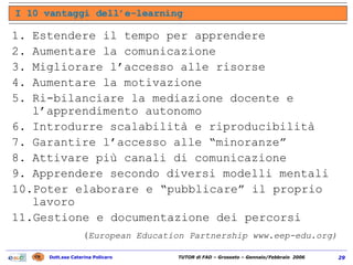 Estendere il tempo per apprendere Aumentare la comunicazione Migliorare l’accesso alle risorse Aumentare la motivazione Ri-bilanciare la mediazione docente e l’apprendimento autonomo Introdurre scalabilità e riproducibilità Garantire l’accesso alle “minoranze” Attivare più canali di comunicazione Apprendere secondo diversi modelli mentali Poter elaborare e “pubblicare” il proprio lavoro Gestione e documentazione dei percorsi I 10 vantaggi dell’e-learning ( European Education Partnership www.eep-edu.org) 