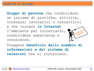 Gruppo di persone  che condividono un insieme di pratiche, attività, interessi lavorativi o conoscitivi e che trovano  in Internet  l’ambiente per incontrarsi, condividere esperienze e conoscenze. Traggono  beneficio dallo scambio di informazioni e dal sistema di relazioni  che si instaurano…  Comunità di dialogo Comunità di dialogo 