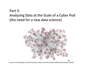 Part	
  3:	
  
Analyzing	
  Data	
  at	
  the	
  Scale	
  of	
  a	
  Cyber	
  Pod	
  
(the	
  need	
  for	
  a	
  new	
  data	
  science)	
  
Source:	
  Jon	
  Kleinberg,	
  Cornell	
  University,	
  www.cs.cornell.edu/home/kleinber/networks-­‐book/	
  
 
