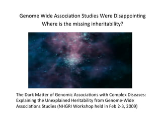 The	
  Dark	
  MaQer	
  of	
  Genomic	
  Associa=ons	
  with	
  Complex	
  Diseases:	
  
Explaining	
  the	
  Unexplained	
  Heritability	
  from	
  Genome-­‐Wide	
  
Associa=ons	
  Studies	
  (NHGRI	
  Workshop	
  held	
  in	
  Feb	
  2-­‐3,	
  2009)	
  
Genome	
  Wide	
  Associa=on	
  Studies	
  Were	
  Disappoin=ng	
  
Where	
  is	
  the	
  missing	
  inheritability?	
  
 