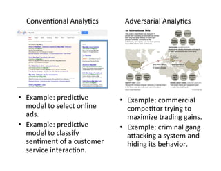 Conven-onal	
  Analy-cs	
  

•  Example:	
  predic-ve	
  
model	
  to	
  select	
  online	
  
ads.	
  
•  Example:	
  predic-ve	
  
model	
  to	
  classify	
  
sen-ment	
  of	
  a	
  customer	
  
service	
  interac-on.	
  

Adversarial	
  Analy-cs	
  

•  Example:	
  commercial	
  
compe-tor	
  trying	
  to	
  
maximize	
  trading	
  gains.	
  
•  Example:	
  criminal	
  gang	
  
ahacking	
  a	
  system	
  and	
  
hiding	
  its	
  behavior.	
  

 