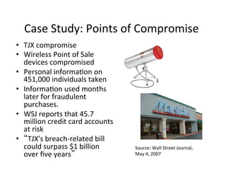 Case	
  Study:	
  Points	
  of	
  Compromise	
  
•  TJX	
  compromise	
  
•  Wireless	
  Point	
  of	
  Sale	
  
devices	
  compromised	
  	
  
•  Personal	
  informa-on	
  on	
  
451,000	
  individuals	
  taken	
  
•  Informa-on	
  used	
  months	
  
later	
  for	
  fraudulent	
  
purchases.	
  
•  WSJ	
  reports	
  that	
  45.7	
  
million	
  credit	
  card	
  accounts	
  
at	
  risk	
  
•  “TJX's	
  breach-­‐related	
  bill	
  
could	
  surpass	
  $1	
  billion	
  
over	
  ﬁve	
  years”	
  

Source:	
  Wall	
  Street	
  Journal,	
  
May	
  4,	
  2007	
  

 