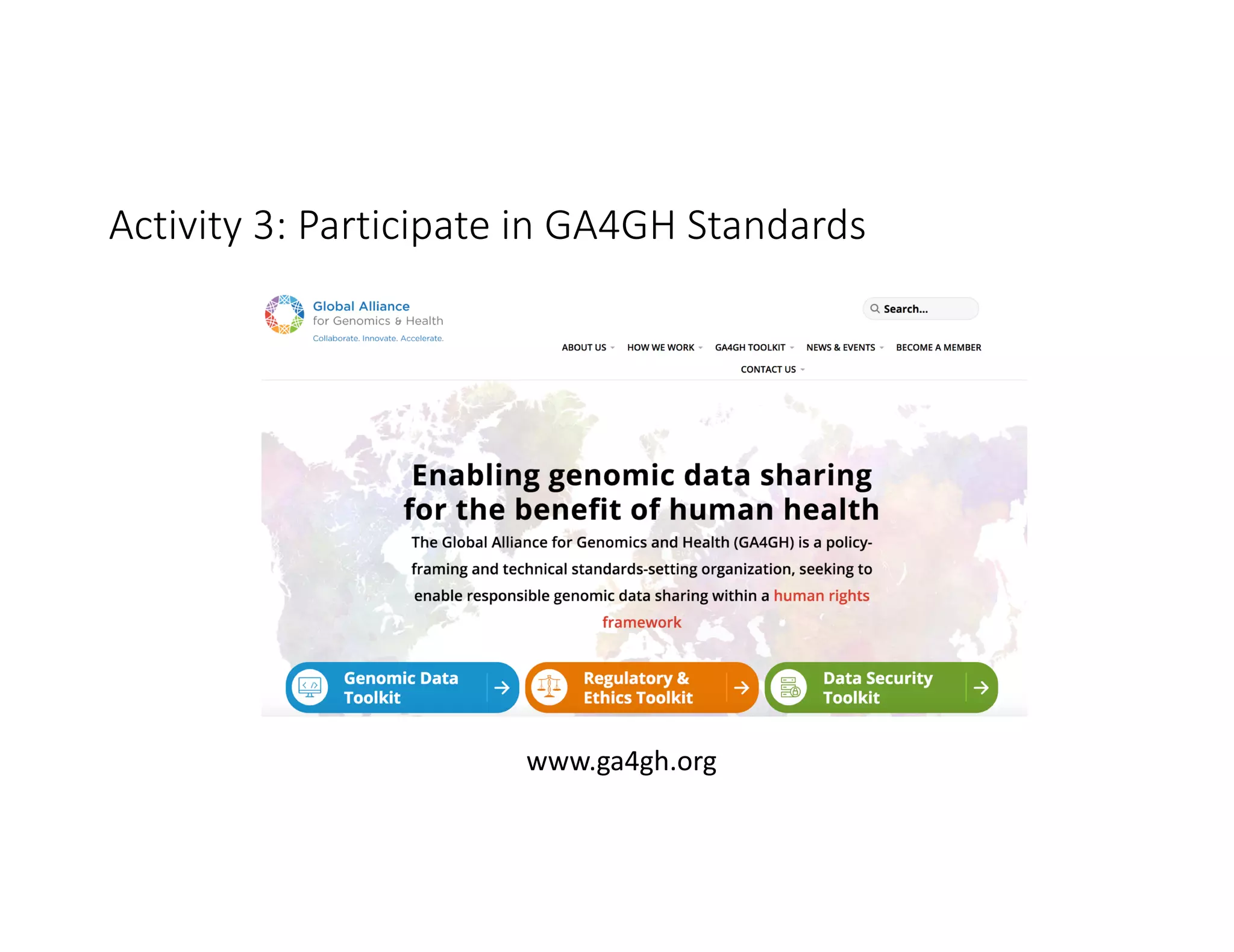 Activity 3: Participate in GA4GH Standards
www.ga4gh.org
 