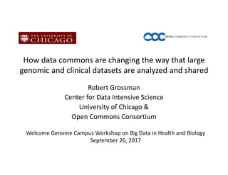 How	data	commons	are	changing	the	way	that	large	
genomic	and	clinical	datasets	are	analyzed	and	shared	
Robert	Grossman
Center	for	Data	Intensive	Science
University	of	Chicago	&	
Open	Commons	Consortium
Welcome	Genome	Campus	Workshop	on	Big	Data	in	Health	and	Biology	
September	26,	2017
 
