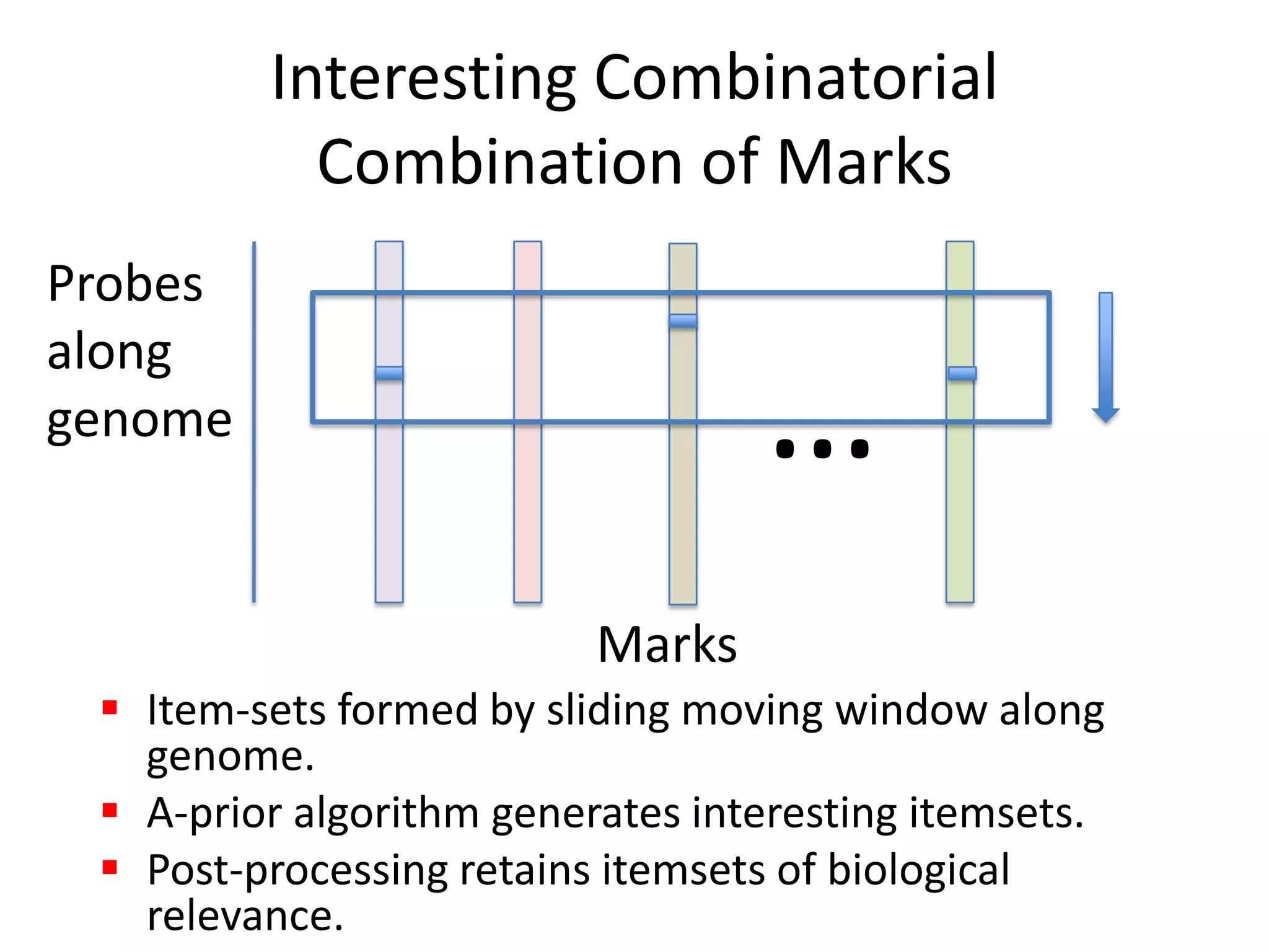 Interesting Combinatorial Combination of MarksProbes along genome…MarksItem-sets formed by sliding moving window along genome.  A-prior algorithm generates interesting itemsets.Post-processing retains itemsets of biological relevance.
