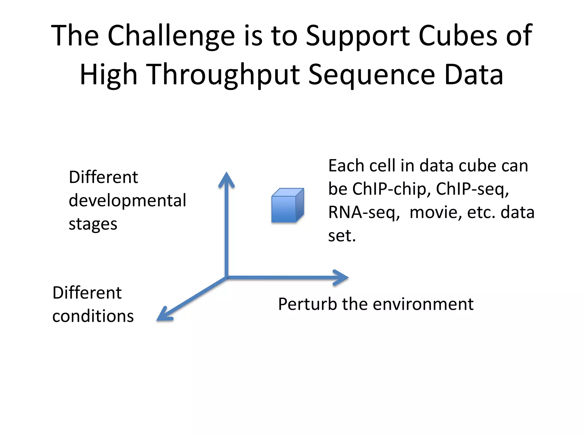 The Challenge is to Support Cubes of High Throughput Sequence DataEach cell in data cube can be ChIP-chip, ChIP-seq, RNA-seq,  movie, etc. data set.Different developmental stagesDifferentconditionsPerturb the environment