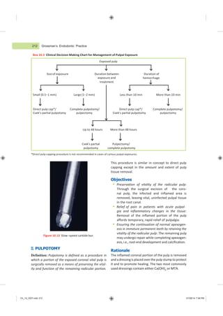 Ch_10_GEP.indd 212 07/08/14 7:46 PM
Exposed pulp
Size of exposure Duration between
exposure and
treatment
Duration of
hemorrhage
Small (0.5−1 mm) Large (1−2 mm) Less than 10 min More than 10 min
Up to 48 hours More than 48 hours
Cvek’s partial
pulpotomy
Pulpectomy/
complete pulpotomy
Grossman’s Endodontic Practice
Box 10.3 Clinical Decision Making Chart for Management of Pulpal Exposure
Direct pulp cap*/ Complete pulpotomy/ Direct pulp cap*/ Complete pulpotomy/
Cvek’s partial pulpotomy pulpectomy Cvek’s partial pulpotomy pulpectomy
*Direct pulp capping procedure is not recommended in cases of carious pulpal exposures.
Figure 10.13 Slow−speed carbide bur.
II. PULPOTOMY
Definition: Pulpotomy is defined as a procedure in
which a portion of the exposed coronal vital pulp is
surgically removed as a means of preserving the vital-
ity and function of the remaining radicular portion.
This procedure is similar in concept to direct pulp
capping except in the amount and extent of pulp
tissue removal.
Objectives
 Preservation of vitality of the radicular pulp:
Through the surgical excision of the coro-
nal pulp, the infected and inflamed area is
removed, leaving vital, uninfected pulpal tissue
in the root canal.
 Relief of pain in patients with acute pulpal-
gia and inflammatory changes in the tissue:
Removal of the inflamed portion of the pulp
affords temporary, rapid relief of pulpalgia.
 Ensuring the continuation of normal apexogen-
esis in immature permanent teeth by retaining the
vitality of the radicular pulp: The remaining pulp
may undergo repair while completing apexogen-
esis,i.e.,root-end development and calcification.
Rationale
The inflamed coronal portion of the pulp is removed
and a dressingis placed over the pulp stump to protect
it and to promote healing. The two most commonly
used dressings contain either Ca(OH)2 or MTA.
212
 