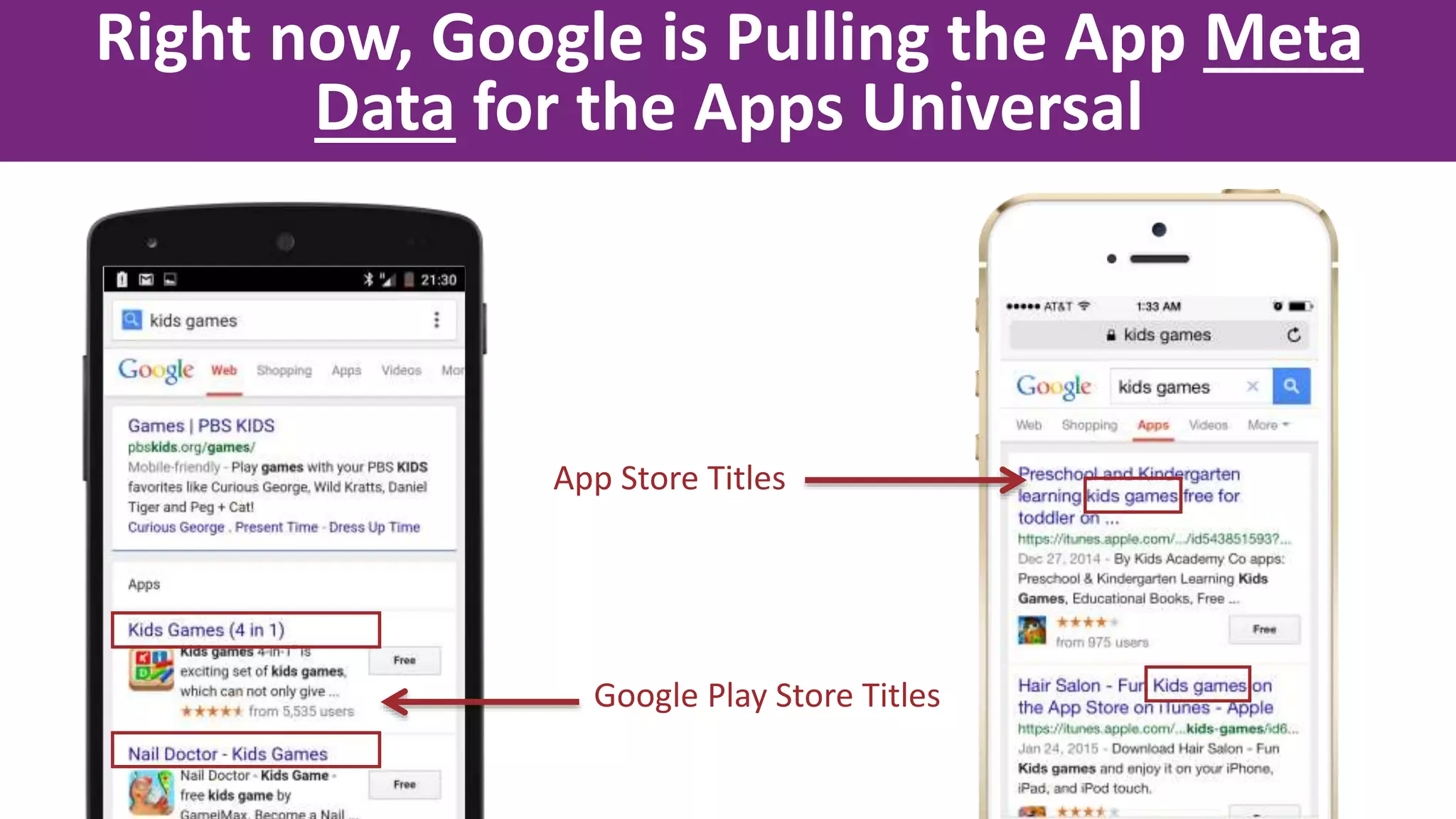 Right now, Google is Pulling the App Meta
Data for the Apps Universal
Google Play Store Titles
App Store Titles
 