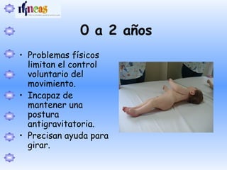 0 a 2 años
• Problemas físicos
limitan el control
voluntario del
movimiento.
• Incapaz de
mantener una
postura
antigravitatoria.
• Precisan ayuda para
girar.
 